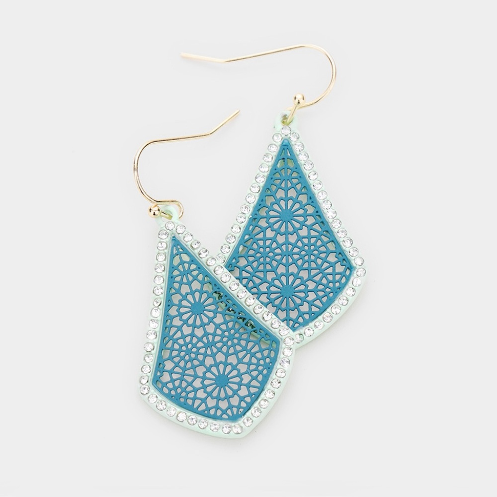 Turquoise Floral Filigree Rhinestone Earrings - Picture 7 of 7